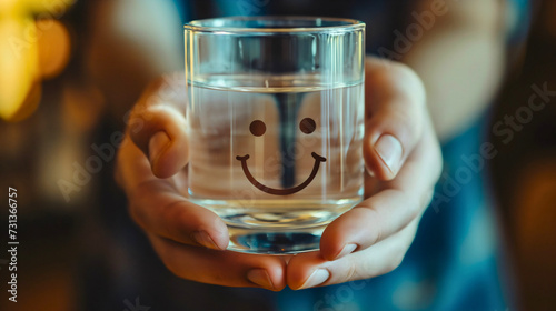 Closeup of a female hands holding a transparent glass filled with pure source water with drawn happy smiley face on the glass. Clean, fresh and healthy beverage, cold natural refreshment, full cup