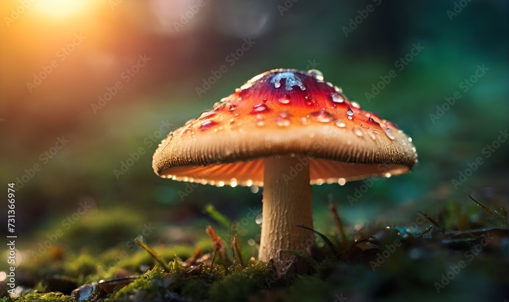 A mushroom with a pink cap covered in dew. A mushroom with a pink cap covered in dew.