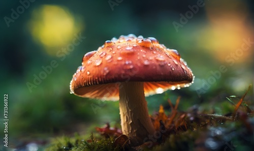 A mushroom with a pink cap covered in dew.