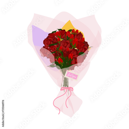 Boquet of red roses tied up with pink ribbon and wrapped in pink, yellow, violet craft. Mother`s Day, Valentine`s Day, wedding day, birtday bouquet. Hand-drawn vector illustration photo