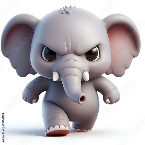 3D cute angry elephant walking isolated on white background