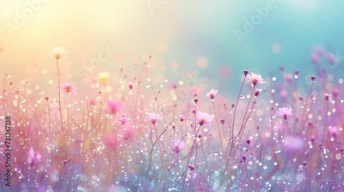 Early spring flowers and dew in a softly lit, pastel meadow, minimalist design