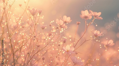 Morning light over a minimalistic meadow with pastel hues, early blooms, and dew drops