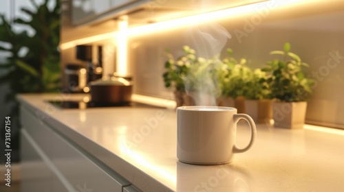 Warm kitchen scene with a steaming mug, minimalist décor, white surface, soft lighting, and plants