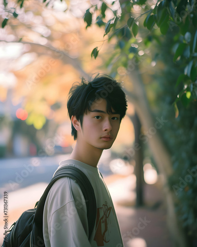 Street Portrait of a cool young japanese man in a casual outfit. Outdoors. © Annemarie