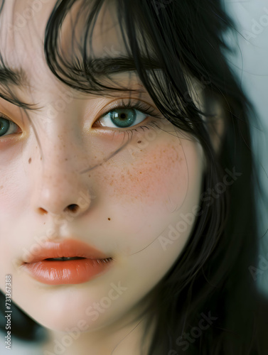 Dreamy portrait of a beautiful young japanese teenage woman with freckles