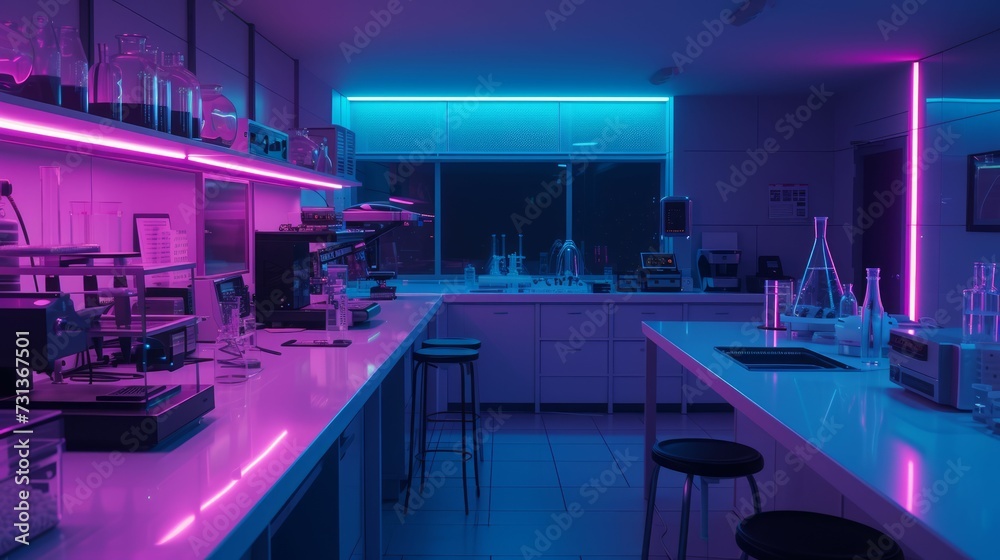 Modern lab in minimalist design, neon-lit biotech tools at the innovation frontier Modern lab in minimalist design, neon-lit biotech tools at the innovation frontier