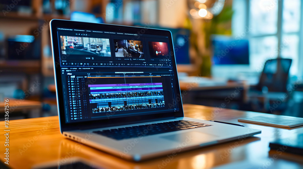 Video editing software or program opened on a laptop device monitor display screen placed on a table or desk in a home room or office interior, daytime sunlight, movie sequence, freelance work Video editing software or program opened on a laptop device monitor display screen placed on a table or desk in a home room or office interior, daytime sunlight, movie sequence, freelance work