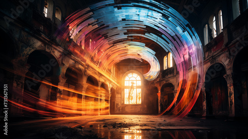 Abandoned Hall with Dynamic Light Arcs and Reflective Floor