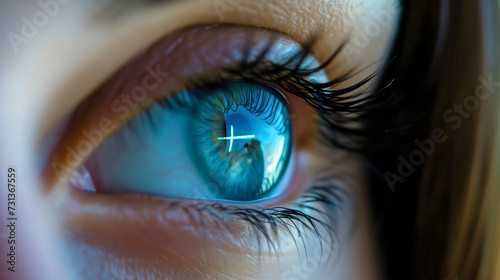 Closeup photography of a Christian cross reflecting in a woman's eye. Female person thinking about belief in Jesus Christ and His sacrifice, holy Bible believer, blessed with grace and forgiveness
