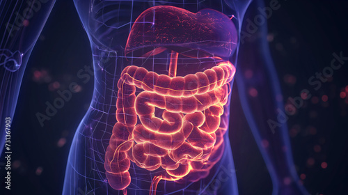 Human gut, stomach and bowels anatomy 3d render. Human digestive organ health, small and large intestine colon, abdomen x-ray. Gastrointestinal tract, internal microbiome inflammation 