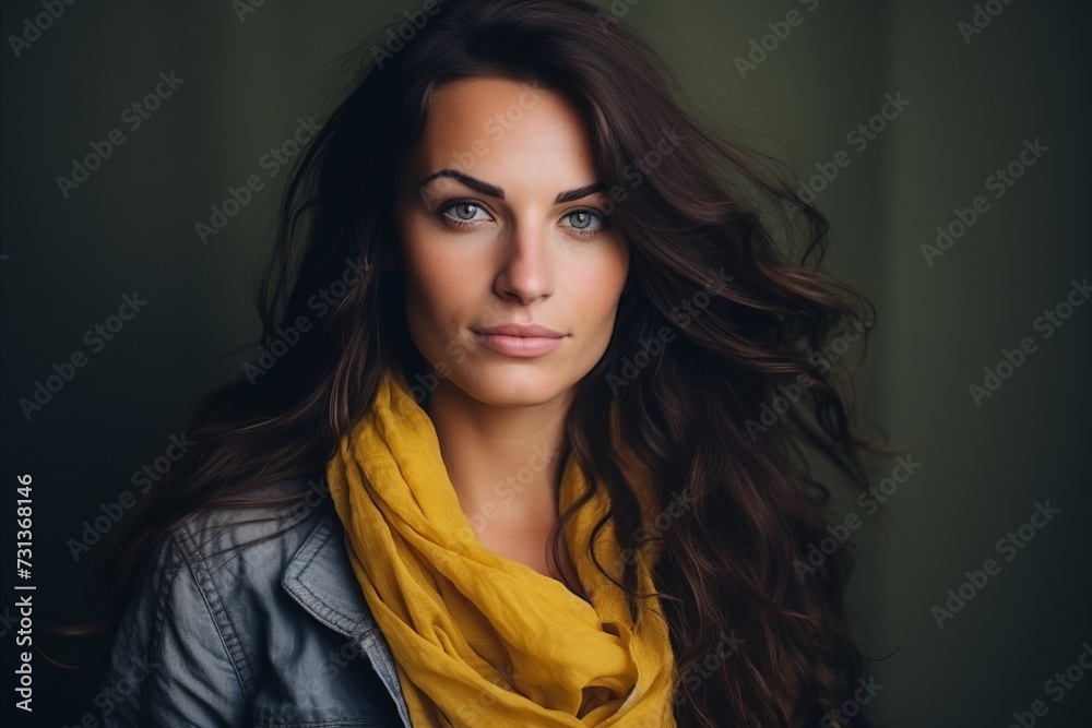 Portrait of a beautiful young woman in a leather jacket and yellow scarf