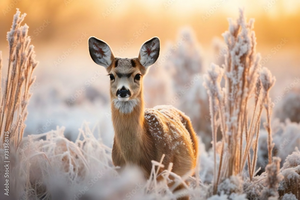 white deer in the woods in winter against orange sunset sky white deer in the woods in winter against orange sunset sky