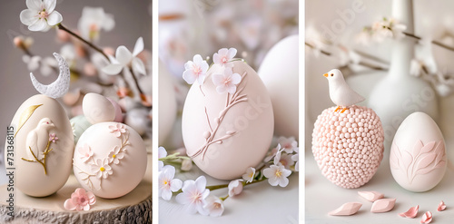 Happy Easter concept. White Pink pastel Easter eggs on soft background.  Creative Easter Egg Holiday set.