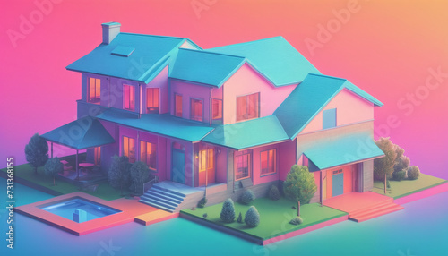 Isometric view of a detached single-family house in very colorful color combinations of the eighties © Christoph Burgstedt