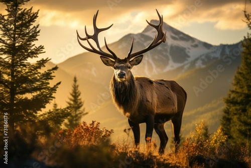 deer in the wild, mountains against red sunset sky