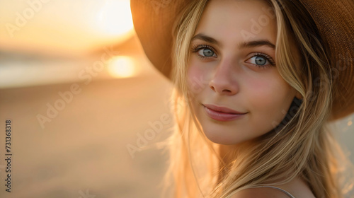 Closeup photography of a beautiful young woman with blonde hair wearing a straw hat and smiling, walking on sand beach during the golden hour sunset. Youthful female pretty and gorgeous model