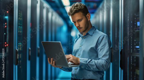 Handsome young businessman wearing light blue shirt, standing in a data center surrounded by cloud servers full of information. Holding a laptop, typing on a notebook device, database storage