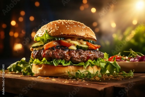 Top view of hamburger on a wooden background  grilled beef steak with vegetables. Fast food restaurant menu
