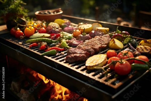 grilled meat on the grill with vegetables. Steak close up is preparing on barbecue
