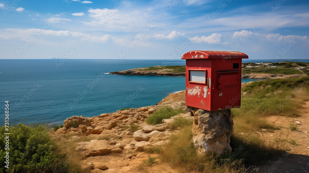 Mailbox for letters on desert rocky island lost in the sea. Copy space Mailbox for letters on desert rocky island lost in the sea. Copy space