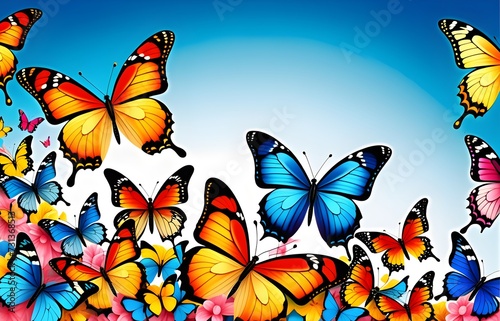 Colorful butterflies on blue background with a place for a text. Template, banner, wallpaper, poster, background, greeting card