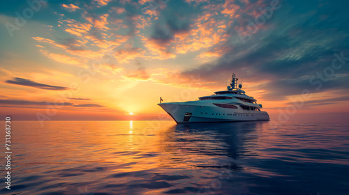 Fototapeta Naklejka Na Ścianę i Meble -  Luxurious expensive white yacht boat on sea or ocean water during the sunset photography. Summer cruise ship, water tourism for the rich and wealthy