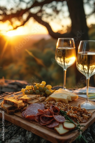 Picnic served outside with a glass of wine, cheese, grapes, salami on a wooden board in sunlight