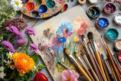 A vibrant painting of colorful flowers on a palette surrounded by brushes and fresh blooms, capturing the beauty of art creation..