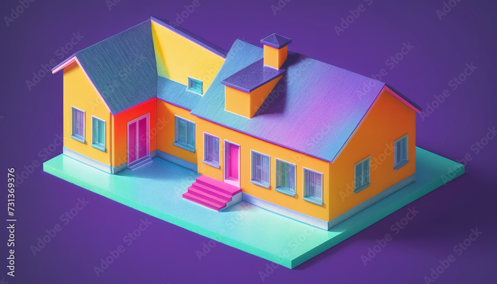 Isometric view of a detached single-family house in very colorful color combinations of the eighties Isometric view of a detached single-family house in very colorful color combinations of the eighties