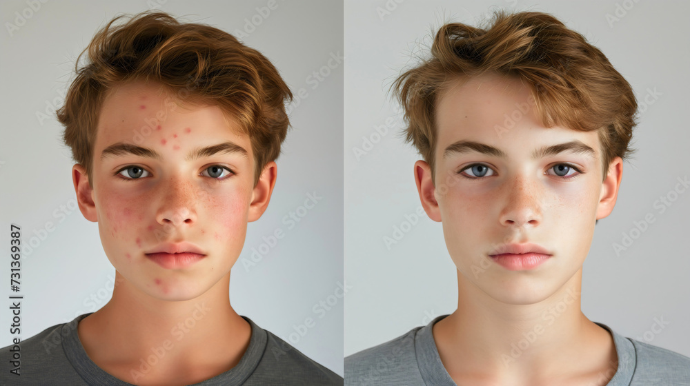 Young man or teenage boy dermatology acne treatment before and after. Teenager facial skin inflammation or irritation in puberty, pimples or spots, infections and scars, allergy removal compare result - obrazy, fototapety, plakaty 