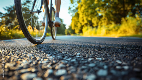 Low angle photography of a man riding his bicycle or bike on the street at daytime in the sunny summer day. Closeup shot of a bicycle commuter traveling