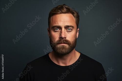 Portrait of a bearded man in a black t-shirt.