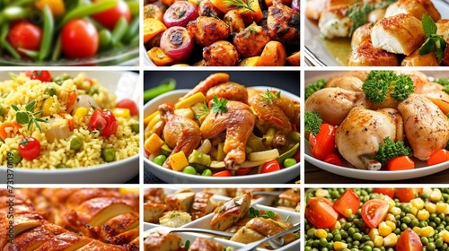 A collage featuring various dishes filled with an assortment of food including vegetables and chicken, shown in close-up and top view. Options for meal choices are presented