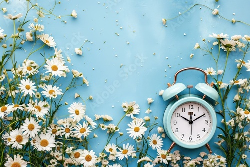 A vintage alarm clock surrounded by a vibrant array of spring flowers on a soothing pastel background, illustrating the concept of spring time photo