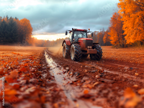 A red Tractor is driving down a muddy wet road along a field. Generated by Ai