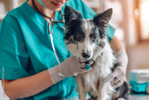 vet treating a pet in a clinic with a stethoscope and a caring look on their face