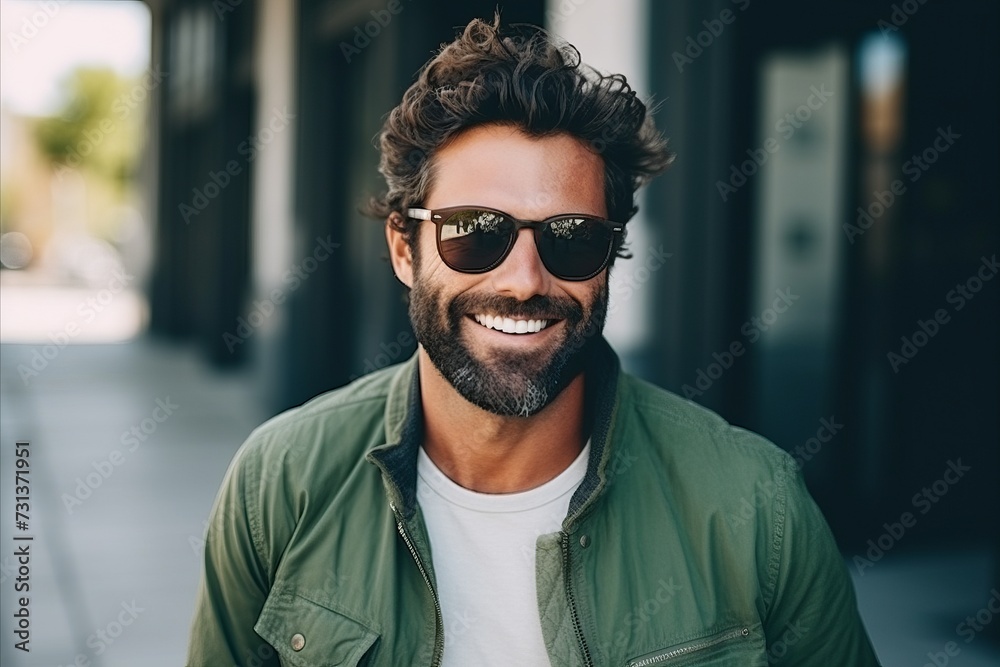 Portrait of handsome man in sunglasses smiling at camera while standing outdoors