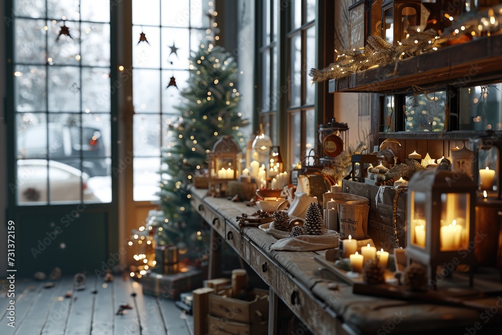 Christmas Market Interior Decor with a Variety of Festive Items on Display