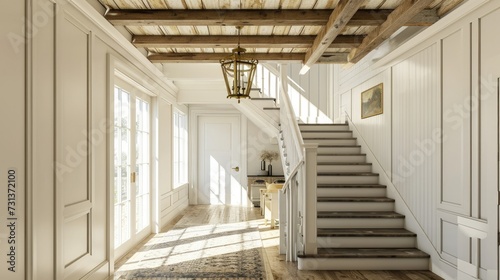Rustic Farmhouse Entrance: White Plaster Staircase and Timber Beams © AIGen