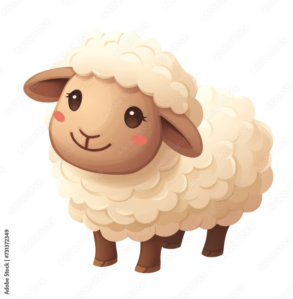 Fototapeta premium A charming, fluffy sheep with a friendly smile and soft wool texture, digitally rendered on a transparent PNG.
