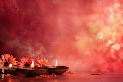 Diwali lamps with flowers on festive red background. Indian holiday concept. Image for festive poster, greeting card or invitation template. Banner with copy space. 
