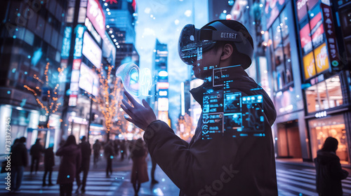 In a neon-lit urban nightscape, a person interacts with a complex holographic display projected from a futuristic virtual reality visor, symbolizing the integration of advanced wearable technology int