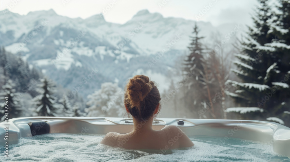Girl relaxing in hot tub. View of beautiful snow-capped mountains in winter. Rest, vacation and relaxation concept. Girl relaxing in hot tub. View of beautiful snow-capped mountains in winter. Rest, vacation and relaxation concept.