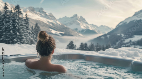 Girl relaxing in hot tub. View of beautiful snow-capped mountains in winter. Rest, vacation and relaxation concept.