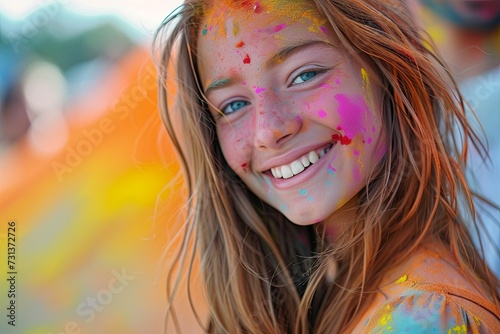 A festive banner featuring a cheerful European girl celebrating Holi, radiating happiness and joy amidst colorful festivities