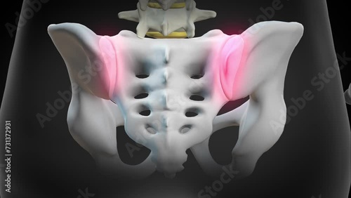 Inflammation of sacroiliac joints, called Sacroiliitis, causing pain in the lower back. 3d animation