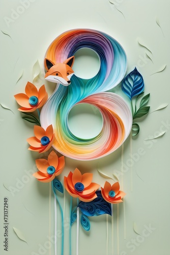 Vibrant bouquet of paper flowers with number 8, vintage quilling aesthetic celebrating beauty, International Women's Day March 8 greeting card or poster, flat lay with copy space. photo