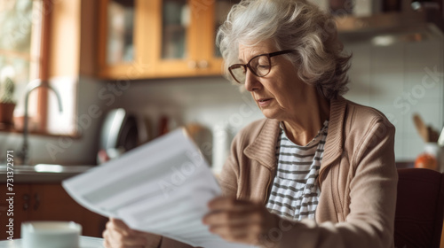 Elderly woman holds a paper bill as she endeavors to decipher its contents, managing her finances. Vintage and blurry kitchen background.