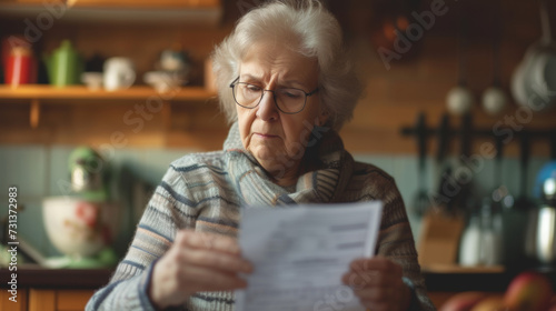 Elderly woman holds a paper bill as she endeavors to decipher its contents, managing her finances. Vintage and blurry kitchen background. photo